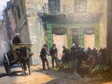 a painting of a horse drawn carriage in front of a building