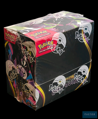 a box of pokemon trading cards on a black background