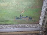 une peinture à l'huile représentant un champ vert sur lequel se trouve un oiseau