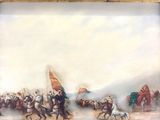 painting of a painting of a group of men riding horses