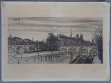 dessin représentant un pont enjambant une rivière, avec des bâtiments en arrière-plan