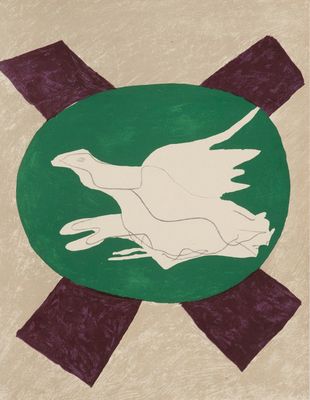 une image représentant un tableau où l'on voit un oiseau volant au-dessus d'un cercle vert