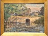 an oil painting of a bridge over a river in a wooded area