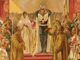 an image of a painting of a man and woman standing in front of a crowd of people