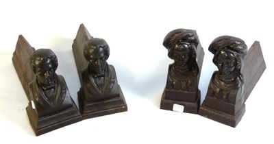 three bronze bookends of a man and a woman on a white background