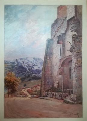 une peinture à l'huile représentant un château avec une montagne en arrière-plan