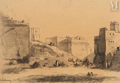 un vieux dessin représentant une ville avec un château en arrière-plan