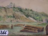 a picture of a painting of a mountain with logs on it