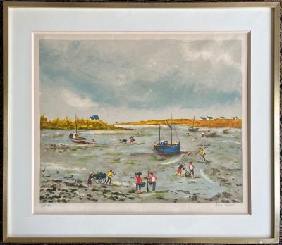 painting of a group of people on a beach with a boat in the water