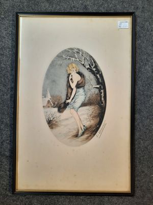 an image of a painting of a woman in a blue dress