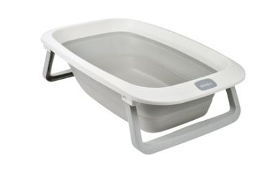 a white and gray bath tub with a handle