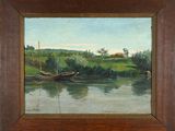 an oil painting of a boat on a river in a wooden frame