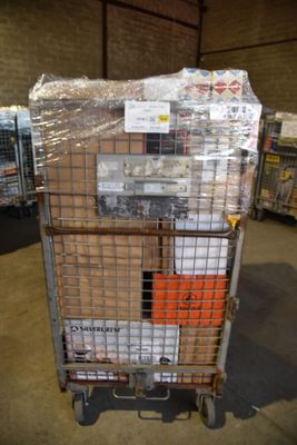 a cart with a lot of boxes on it in a warehouse