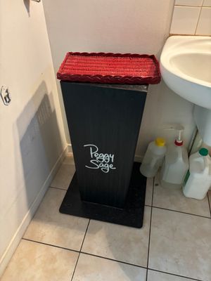 a trash can in the corner of a bathroom next to a sink