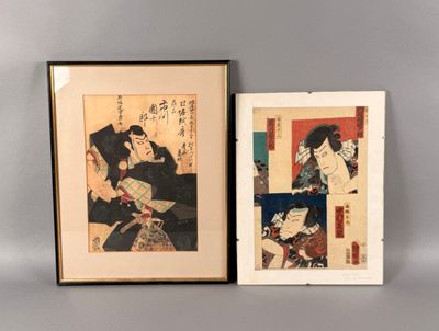 deux estampes japonaises encadrées représentant une femme et un enfant