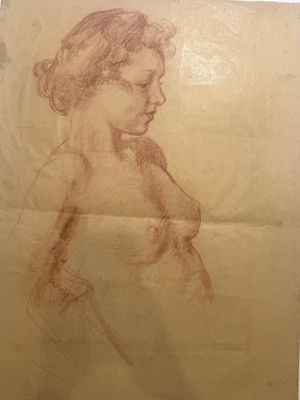 an old drawing of a woman in a dress on a piece of paper