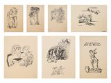 six dessins représentant des personnes et des animaux dans diverses poses