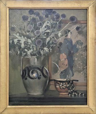 une peinture de fleurs dans un vase sur une table