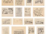 several drawings of people and animals are shown on a white background