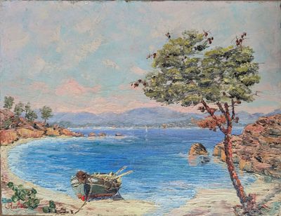 une peinture d'un bateau sur la plage au bord de l'eau