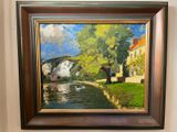 a painting of a man sitting on a bench next to a river