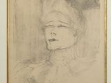 un vieux dessin d'une femme avec un chapeau sur la tête