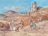 a painting of a group of people riding horses in the desert