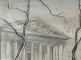 esquisses d'un dessin représentant un bâtiment avec un arbre devant