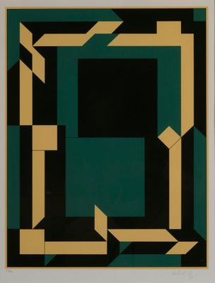 an image of a painting of a square in green and gold