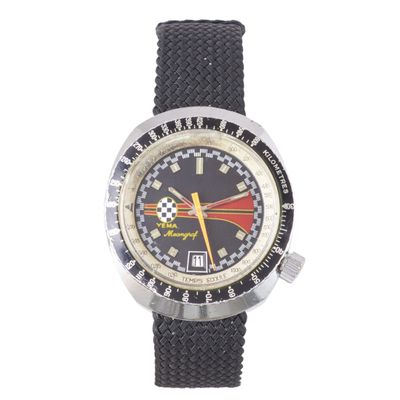 une image représentant une montre-bracelet avec un bracelet noir et une trotteuse jaune