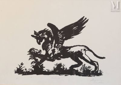 un dessin en noir et blanc représentant un cheval ailé