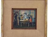 peinture d'un groupe de personnes assises autour d'une table dans une pièce
