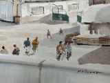 a painting of a group of people walking down a street