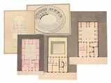 four different architectural plans of a building, including a floor plan, and a plan of a building