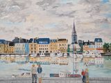 painting of a couple standing on a pier looking at boats in a harbor