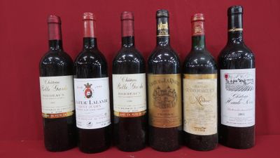 six bouteilles de vin sont alignées sur un support rouge