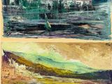 two paintings of mountains and a lake with a boat in the water