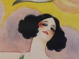 a painting of a woman in a green dress and a seagull flying above her