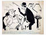 drawing of a man sitting in a chair talking to a man in a top hat
