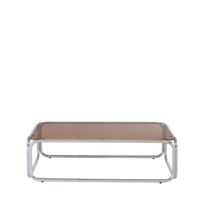 une photo d'une table basse avec un plateau en verre et des pieds en métal