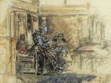 dessin représentant un homme assis sur un banc devant un magasin