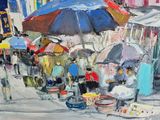 a painting of people walking down the street with umbrellas