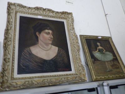 a painting of a woman in a green dress next to a painting of a ballerina