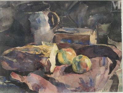 une peinture représentant une nature morte avec des fruits et une cruche