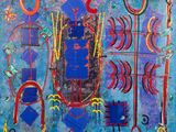 a painting of a blue and red painting on a blue background