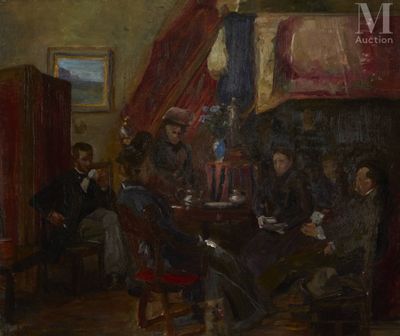 painting of a group of men sitting around a table in a room