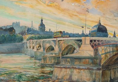 une peinture représentant un pont enjambant une rivière, avec un bâtiment en arrière-plan