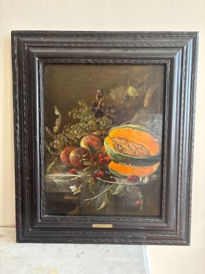 an oil painting of a still life of fruit on a table