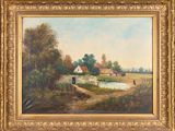 a painting of a farm scene with a pond in the foreground