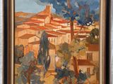 an oil painting of a village scene with trees and buildings